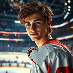 A romantic hockey scene featuring a beautiful young man with charming features, wearing a stylish hockey jersey and looking intently at the viewer