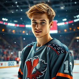 A romantic hockey scene featuring a beautiful young man with charming features, wearing a stylish hockey jersey and looking intently at the viewer