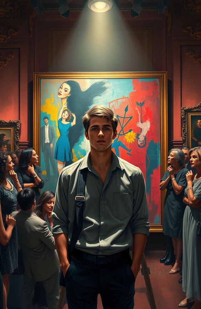 A dramatic and intense art exhibition scene featuring a young male artist resembling Jake Morrison, standing nervously in front of a large painting that he has created under a false identity, Leo D’Angelo