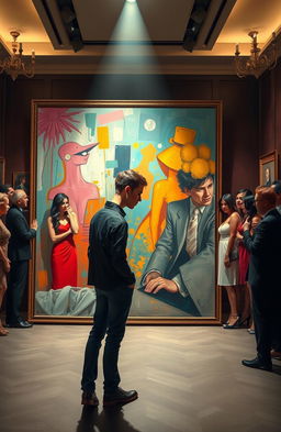 A dramatic and intense art exhibition scene featuring a young male artist resembling Jake Morrison, standing nervously in front of a large painting that he has created under a false identity, Leo D’Angelo