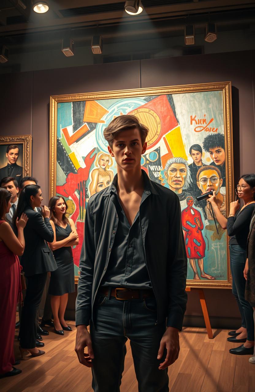 A dramatic and intense art exhibition scene featuring a young male artist resembling Jake Morrison, standing nervously in front of a large painting that he has created under a false identity, Leo D’Angelo