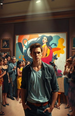 A dramatic and intense art exhibition scene featuring a young male artist resembling Jake Morrison, standing nervously in front of a large painting that he has created under a false identity, Leo D’Angelo