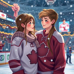 A heartwarming scene depicting a beautiful teenage boy with a charming smile, dressed in a hockey uniform, standing on a rink with a beautiful girl