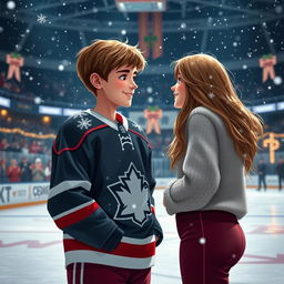 A heartwarming scene depicting a beautiful teenage boy with a charming smile, dressed in a hockey uniform, standing on a rink with a beautiful girl