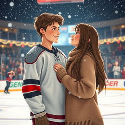 A heartwarming scene depicting a beautiful teenage boy with a charming smile, dressed in a hockey uniform, standing on a rink with a beautiful girl