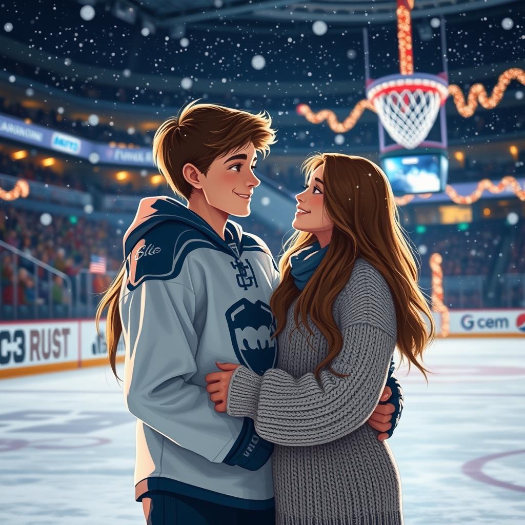 A heartwarming scene depicting a beautiful teenage boy with a charming smile, dressed in a hockey uniform, standing on a rink with a beautiful girl