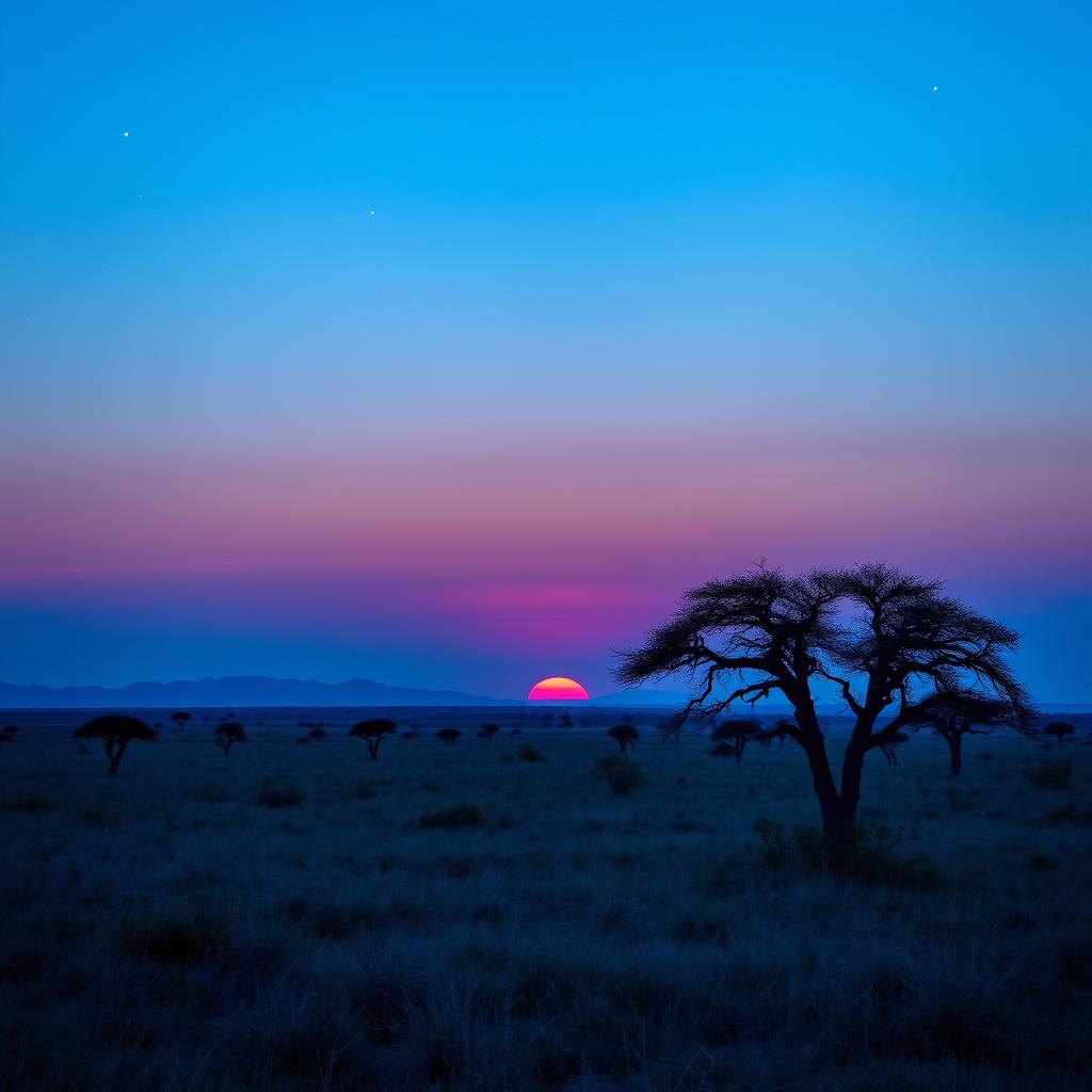 An enchanting dusk hour in Africa, where the sky is transitioning from vibrant blue to deep indigo, sprinkled with the first twinkling stars