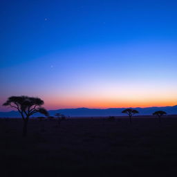 An enchanting dusk hour in Africa, where the sky is transitioning from vibrant blue to deep indigo, sprinkled with the first twinkling stars