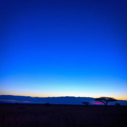 An enchanting dusk hour in Africa, where the sky is transitioning from vibrant blue to deep indigo, sprinkled with the first twinkling stars