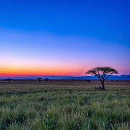 An enchanting dusk hour in Africa, where the sky is transitioning from vibrant blue to deep indigo, sprinkled with the first twinkling stars