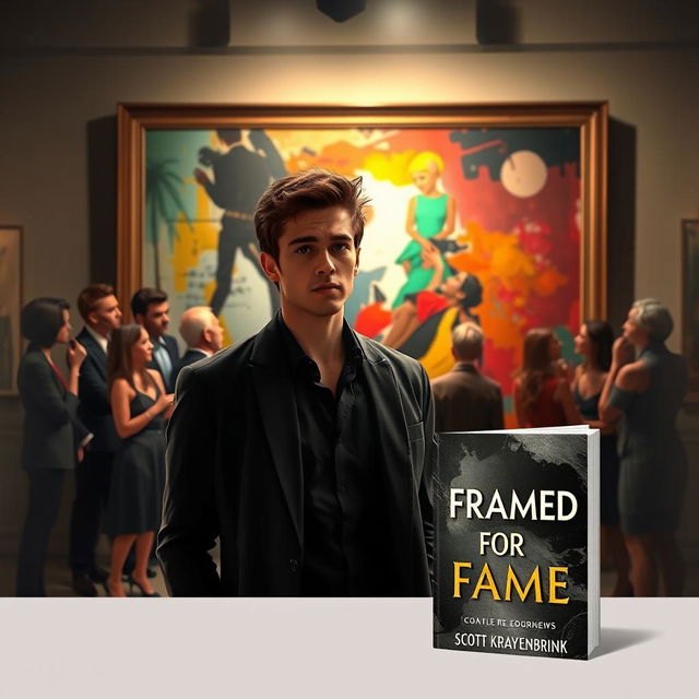 A dramatic and intense art exhibition scene featuring a young male artist resembling Jake Morrison, standing nervously in front of a large painting that he has created under a false identity, Leo D’Angelo