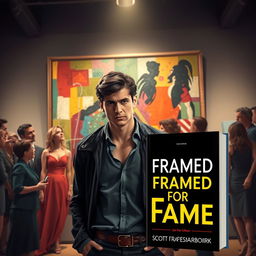 A dramatic and intense art exhibition scene featuring a young male artist resembling Jake Morrison, standing nervously in front of a large painting that he has created under a false identity, Leo D’Angelo