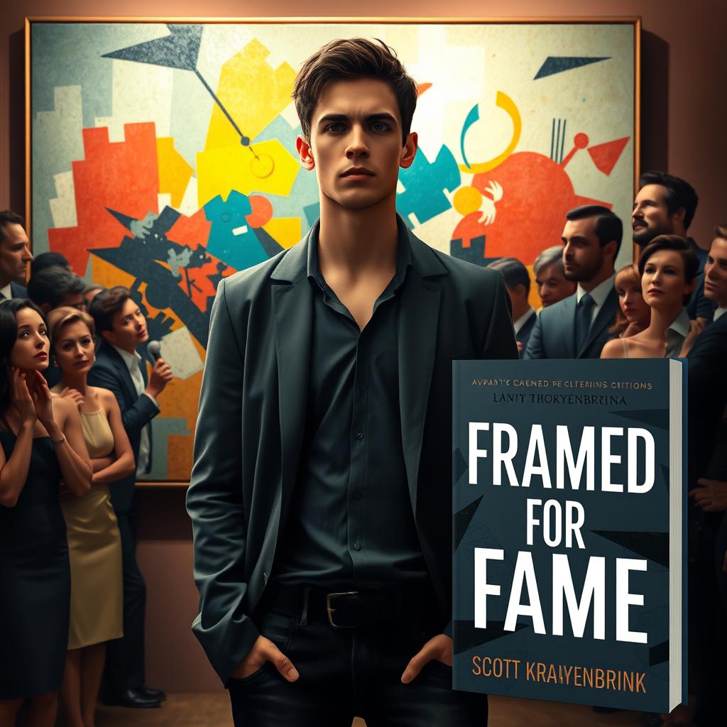 A dramatic and intense art exhibition scene featuring a young male artist resembling Jake Morrison, standing nervously in front of a large painting that he has created under a false identity, Leo D’Angelo