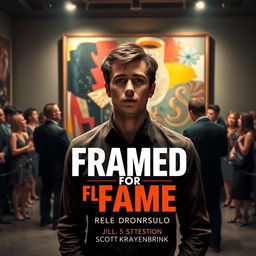 A dramatic and intense art exhibition scene featuring a young male artist resembling Jake Morrison, standing nervously in front of a large painting that he has created under a false identity, Leo D’Angelo