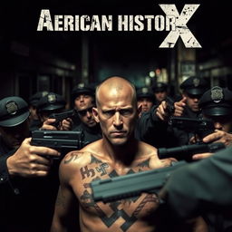 A film cover inspired by 'American History X', featuring Edward Norton with a bald head and prominent Nazi tattoos, positioned defiantly as police officers surround him with guns drawn