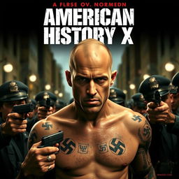 A film cover inspired by 'American History X', featuring Edward Norton with a bald head and prominent Nazi tattoos, positioned defiantly as police officers surround him with guns drawn