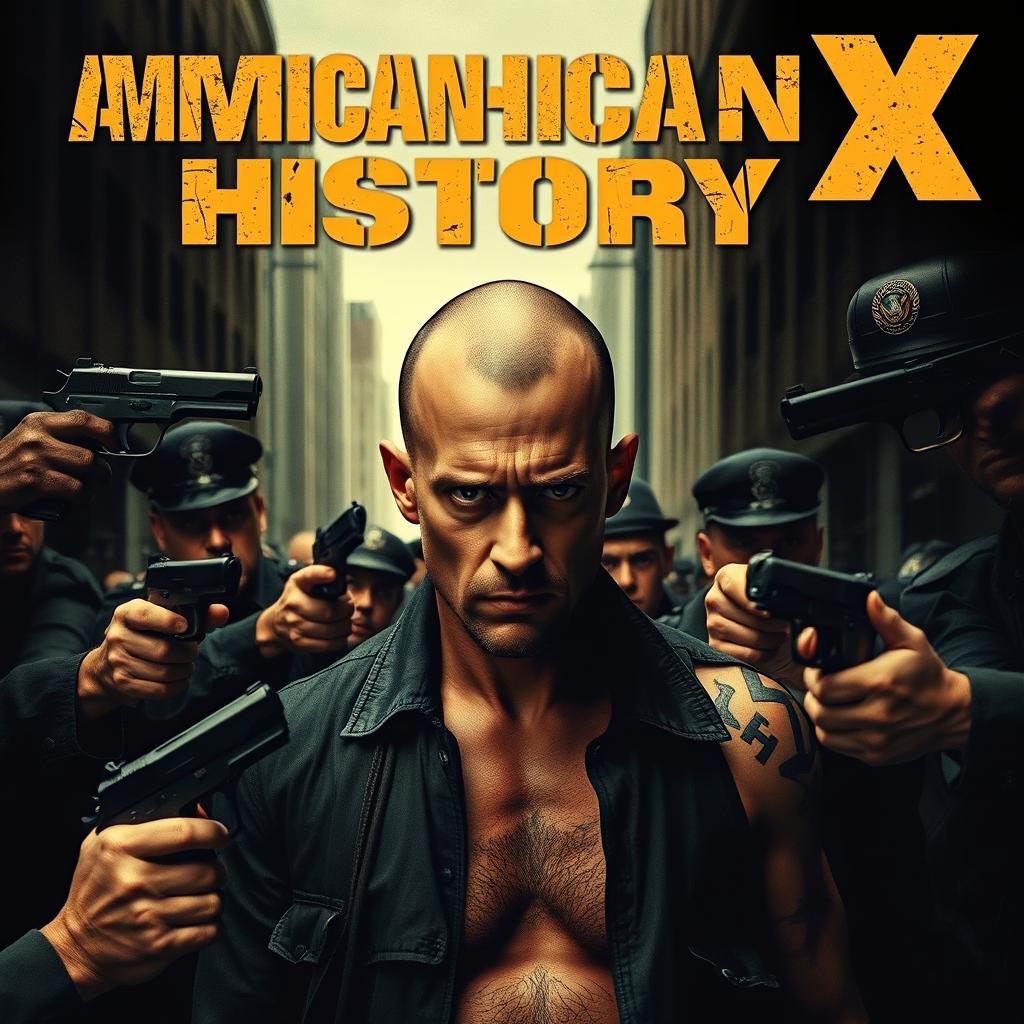 A film cover inspired by 'American History X', featuring Edward Norton with a bald head and prominent Nazi tattoos, positioned defiantly as police officers surround him with guns drawn