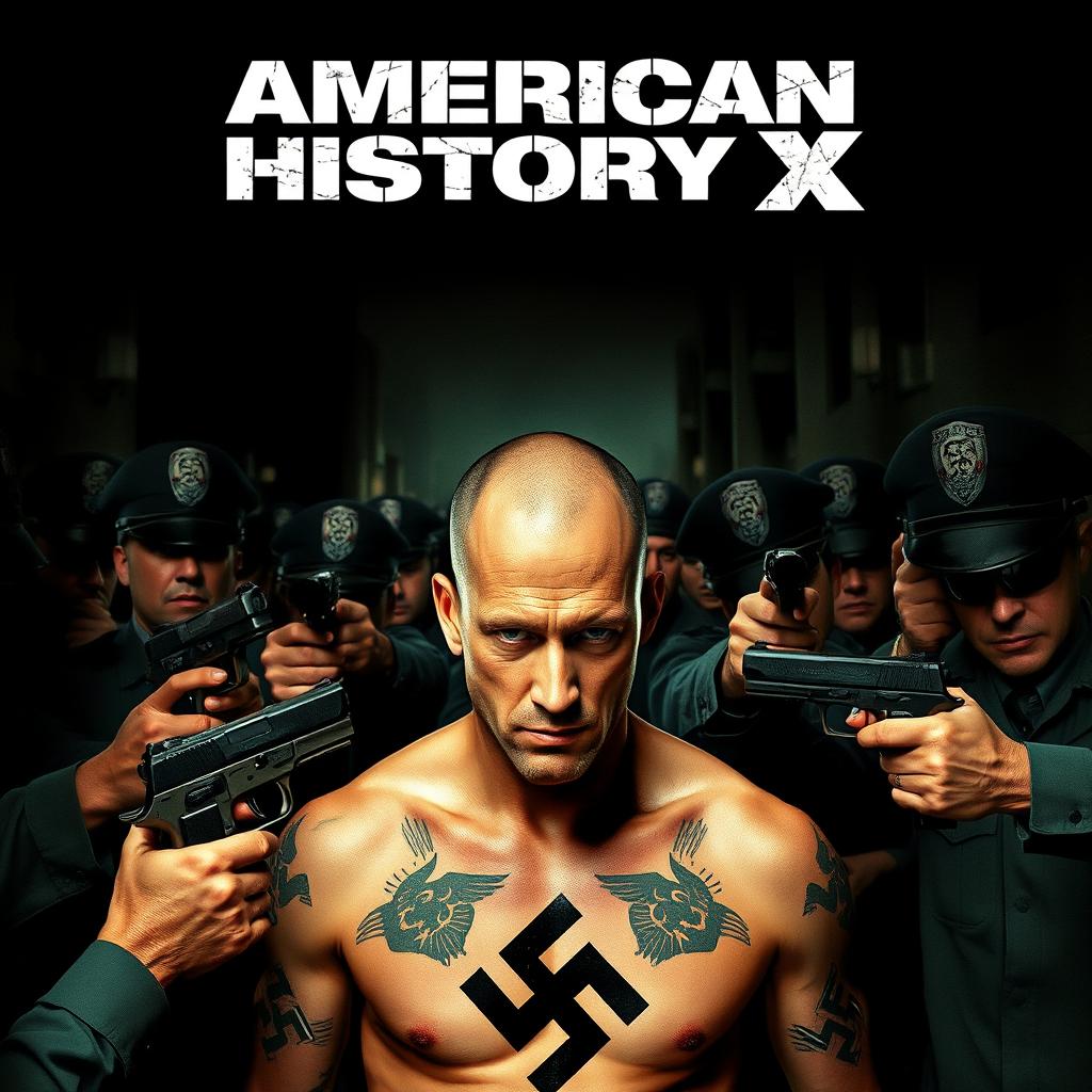 A film cover inspired by 'American History X', featuring Edward Norton with a bald head and prominent Nazi tattoos, positioned defiantly as police officers surround him with guns drawn