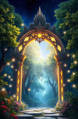 A stunning magical archway radiating soft, enchanting light from within, surrounded by a mystical forest filled with lush green trees and colorful flowers