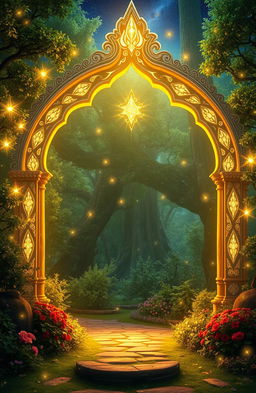 A stunning magical archway radiating soft, enchanting light from within, surrounded by a mystical forest filled with lush green trees and colorful flowers