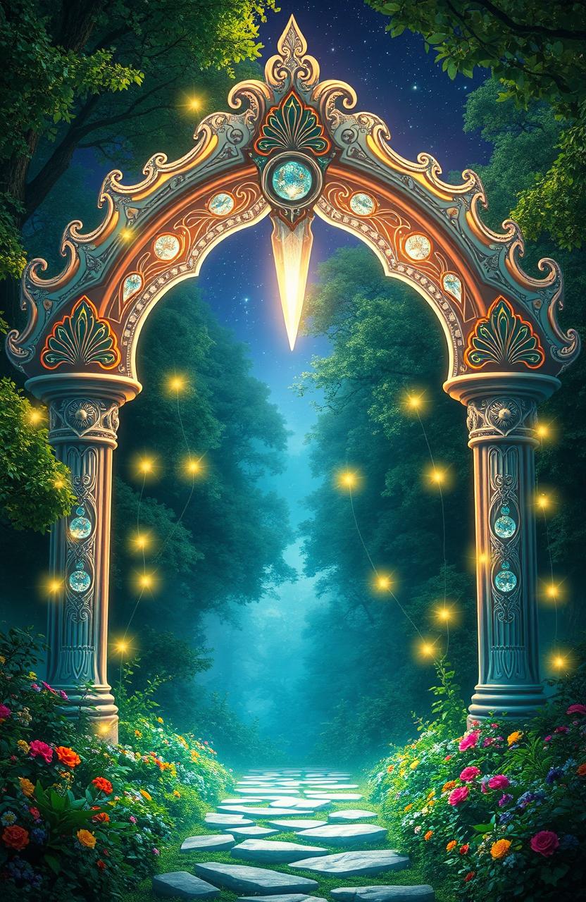 A stunning magical archway radiating soft, enchanting light from within, surrounded by a mystical forest filled with lush green trees and colorful flowers