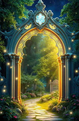 A stunning magical archway radiating soft, enchanting light from within, surrounded by a mystical forest filled with lush green trees and colorful flowers