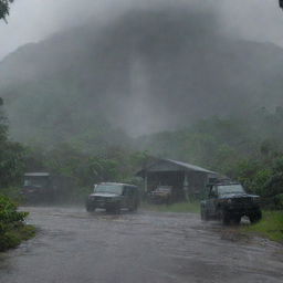 Introduce a dramatic twist with a severe downpour drenching Isla Nublar. Depict raindrops hammering against the visitor center and the Jurassic Park vehicles, while Dr. Alan Grant inside the computer room monitors the escalating situation.