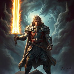 A heroic figure standing defiantly against a backdrop of swirling dark clouds and ominous shadows, gripping a radiant sword glowing with divine light