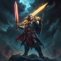 A heroic figure standing defiantly against a backdrop of swirling dark clouds and ominous shadows, gripping a radiant sword glowing with divine light