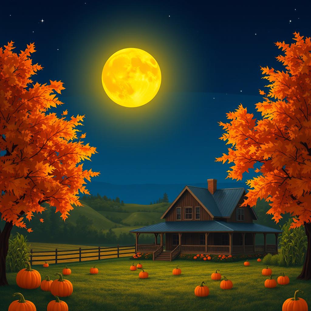 A vibrant and enchanting scene of a harvest moon rising over a picturesque rural landscape