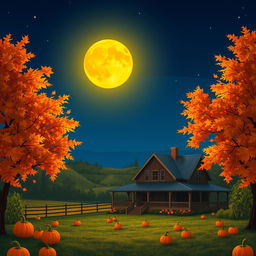 A vibrant and enchanting scene of a harvest moon rising over a picturesque rural landscape