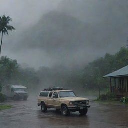 Introduce a dramatic twist with a severe downpour drenching Isla Nublar. Depict raindrops hammering against the visitor center and the Jurassic Park vehicles, while Dr. Alan Grant inside the computer room monitors the escalating situation.