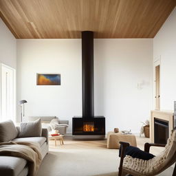 A rectangular Scandinavian style living room where a television sits independently, boldly facing an L-shaped couch and chair. Corner windows next to the inviting fireplace fill the room with soft, natural light.