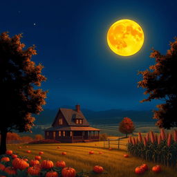 A vibrant and enchanting scene of a harvest moon rising over a picturesque rural landscape