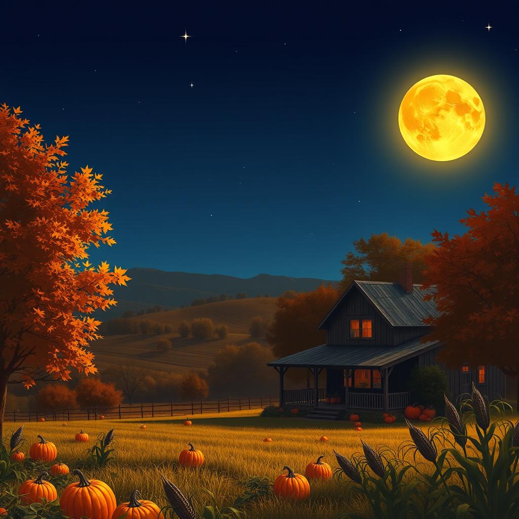 A vibrant and enchanting scene of a harvest moon rising over a picturesque rural landscape