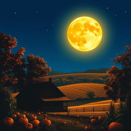 A vibrant and enchanting scene of a harvest moon rising over a picturesque rural landscape