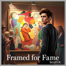 A dramatic and intense art exhibition scene featuring a young male artist resembling Jake Morrison, standing nervously in front of a large painting that he has created under a false identity, Leo D’Angelo