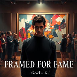 A dramatic and intense art exhibition scene featuring a young male artist resembling Jake Morrison, standing nervously in front of a large painting that he has created under a false identity, Leo D’Angelo