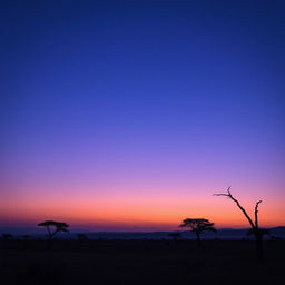 A mesmerizing twilight scene in Africa, where the sky is painted in rich gradients of deep blue and soft lavender, with the last remnants of sunlight creating a gentle glow on the horizon