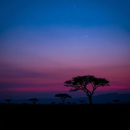 A mesmerizing twilight scene in Africa, where the sky is painted in rich gradients of deep blue and soft lavender, with the last remnants of sunlight creating a gentle glow on the horizon