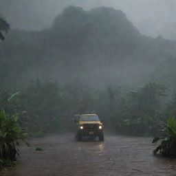 Introduce a dramatic twist with a severe downpour drenching Isla Nublar. Depict raindrops hammering against the visitor center and the Jurassic Park vehicles, while Dr. Alan Grant inside the computer room monitors the escalating situation.