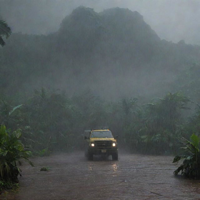 Introduce a dramatic twist with a severe downpour drenching Isla Nublar. Depict raindrops hammering against the visitor center and the Jurassic Park vehicles, while Dr. Alan Grant inside the computer room monitors the escalating situation.