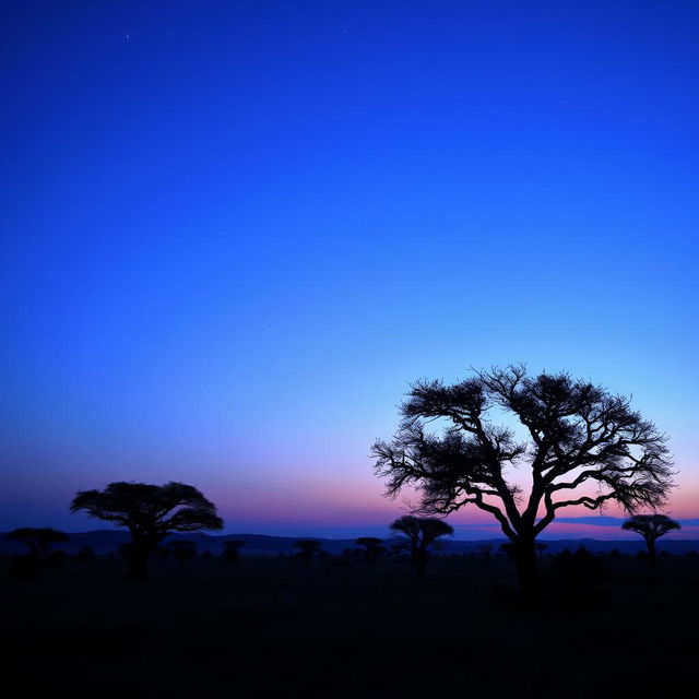 A mesmerizing twilight scene in Africa, where the sky is painted in rich gradients of deep blue and soft lavender, with the last remnants of sunlight creating a gentle glow on the horizon