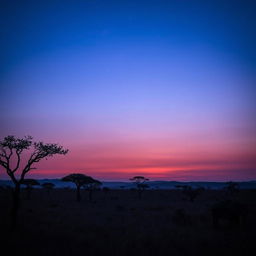 A mesmerizing twilight scene in Africa, where the sky is painted in rich gradients of deep blue and soft lavender, with the last remnants of sunlight creating a gentle glow on the horizon