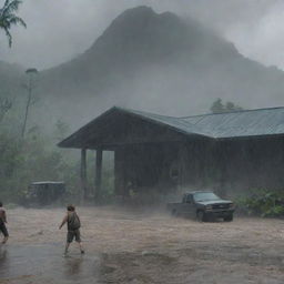 Introduce a dramatic twist with a severe downpour drenching Isla Nublar. Depict raindrops hammering against the visitor center and the Jurassic Park vehicles, while Dr. Alan Grant inside the computer room monitors the escalating situation.