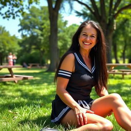 An older woman with long, dark hair is sitting outdoors in a grassy area, set in a relaxed park or garden environment with trees and picnic tables in the background