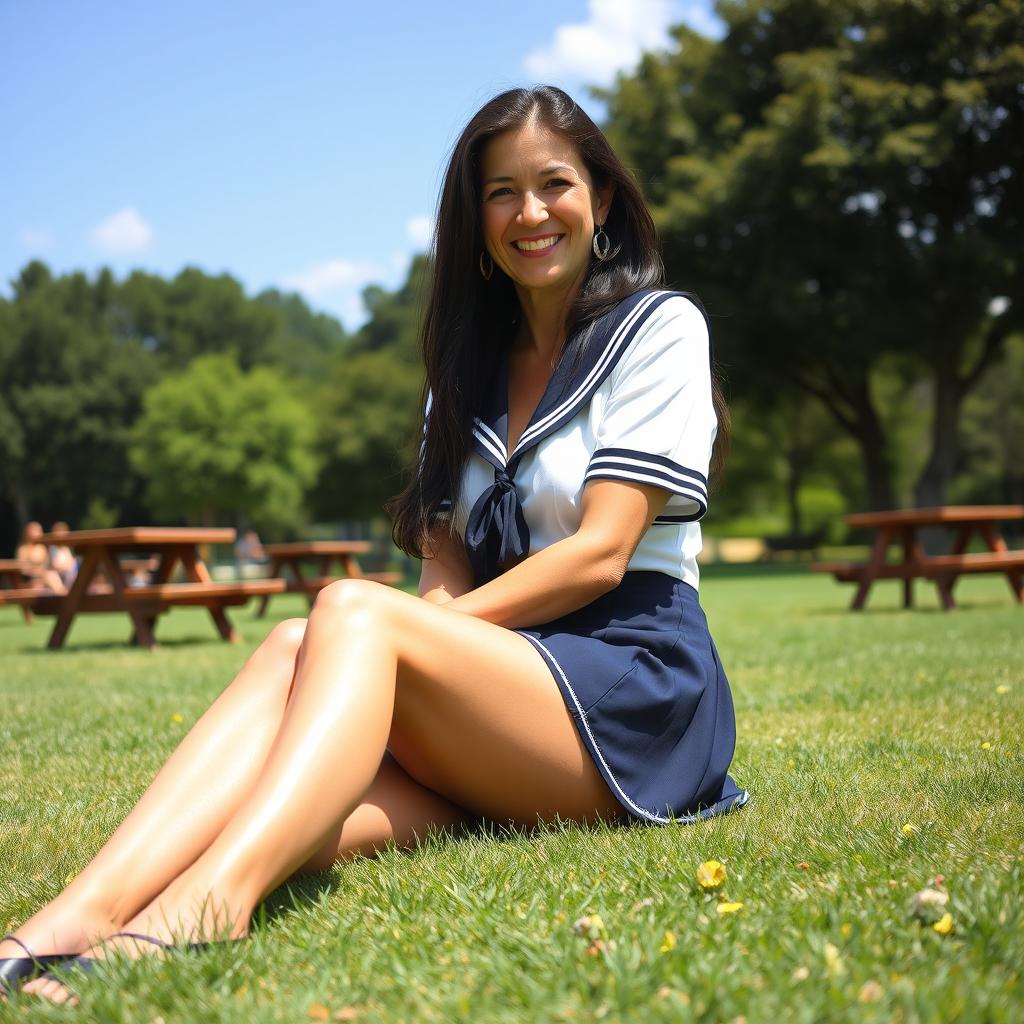 An older woman with long, dark hair is sitting outdoors in a grassy area, set in a relaxed park or garden environment with trees and picnic tables in the background