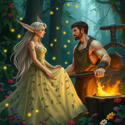 A romantic scene depicting an elf and a blacksmith sharing a tender moment in a lush forest glade