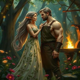 A romantic scene depicting an elf and a blacksmith sharing a tender moment in a lush forest glade