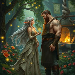 A romantic scene depicting an elf and a blacksmith sharing a tender moment in a lush forest glade